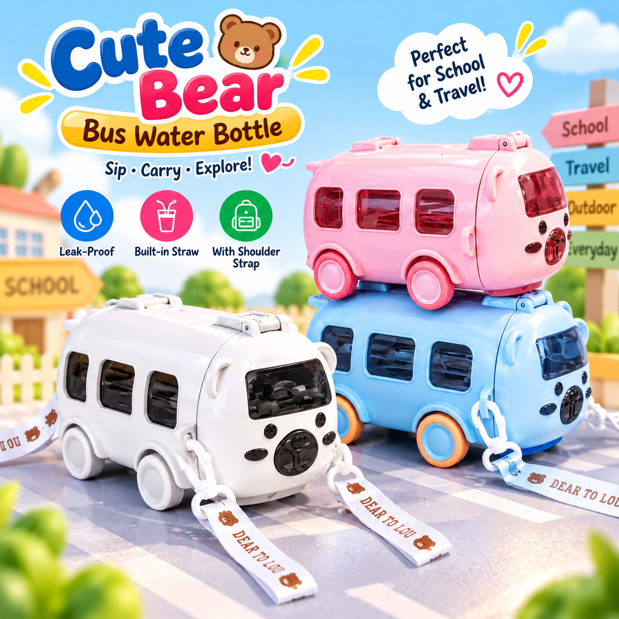 Cute Bear Bus Shape Water Bottle for Kids – 500ml Leak-Proof Plastic Drinking Cup with Straw & Shoulder Strap for School & Travel